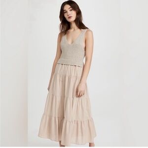 En Saison Alwin V-Neck Midi Dress Tiered Knit Mixed Media Layered Beige Size L